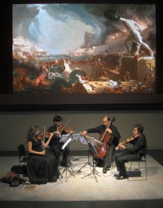 Rehearsal at PEM with projections of Thomas Cole's paintings